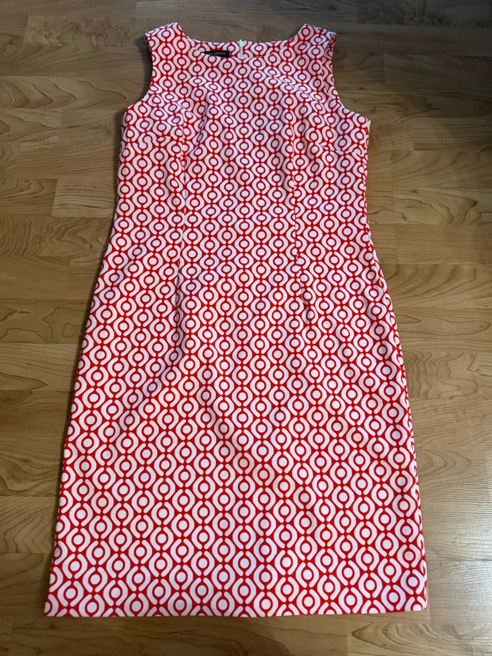 Mario Serrani Coral and White Geometric Midi Sheath Dress
